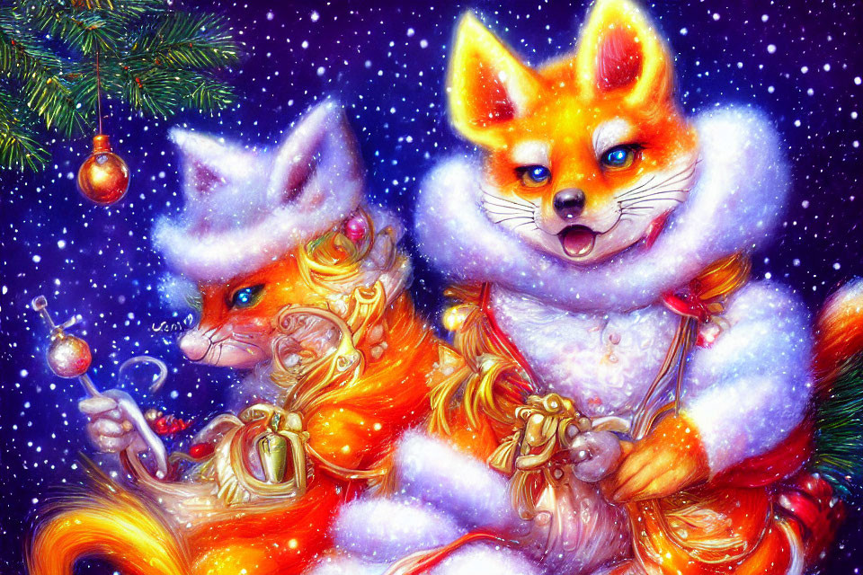 Festive anthropomorphic foxes in white outfits with Christmas tree background