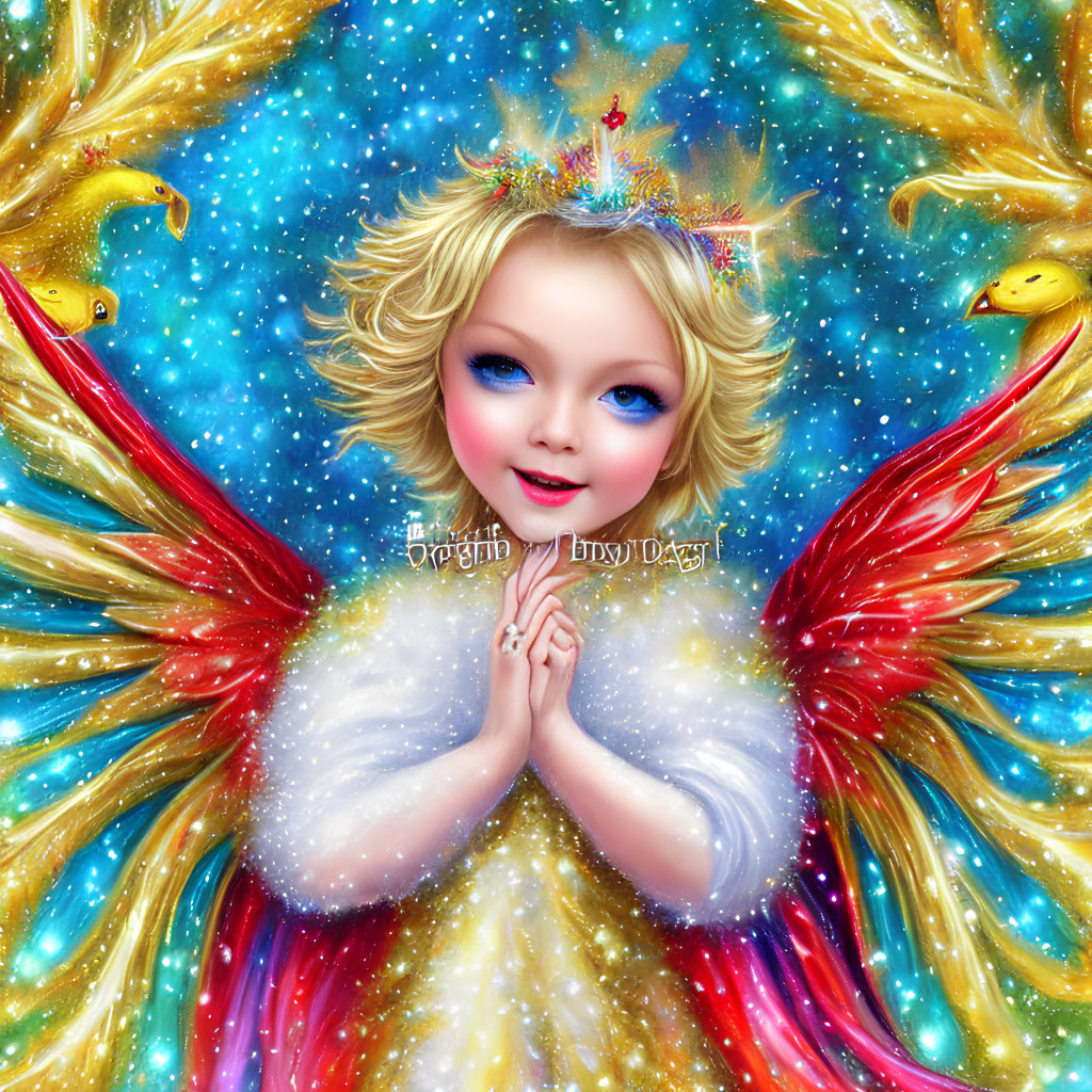 Cherubic child with angel wings and crown in cosmic setting with duckling