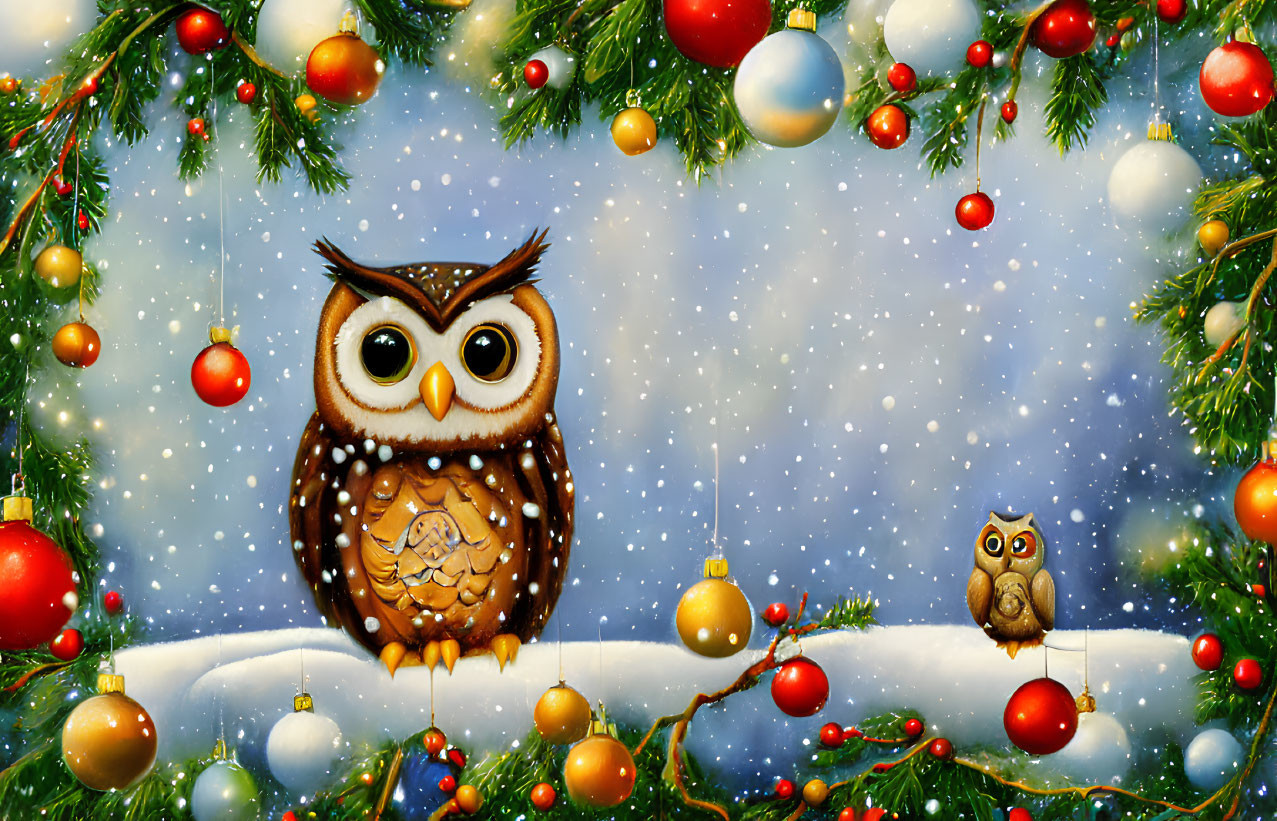 Illustrated Owls on Snowy Branches with Christmas Ornaments