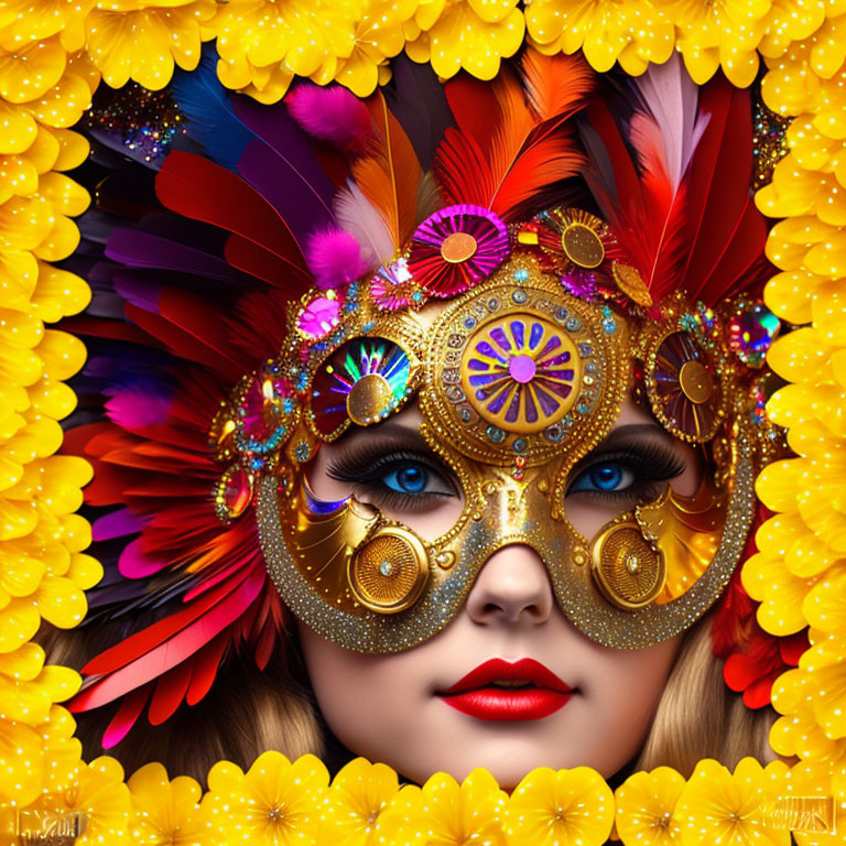 Colorful Feathered Mask with Gold Details and Gemstones on Woman Amid Yellow Flowers