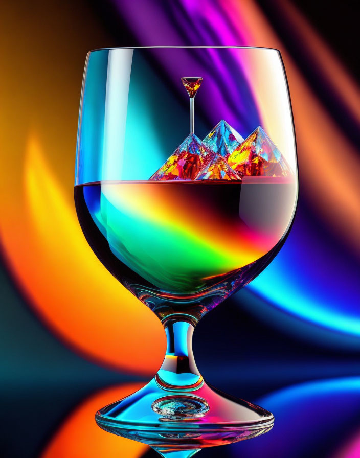 Vibrant abstract art: glass with liquid & crystal mountains in colorful swirls