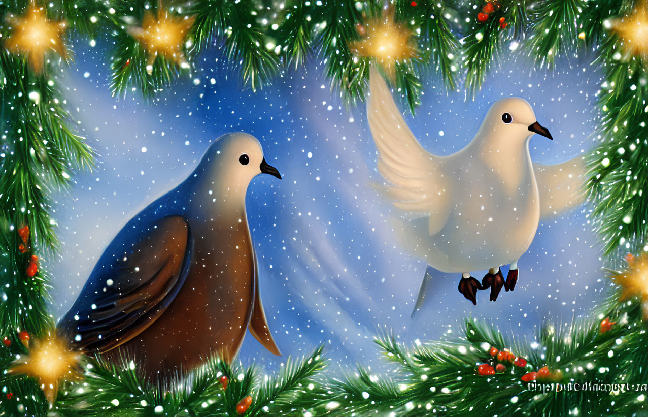 Illustrated doves in flight and perched with festive pine branches and snowflakes