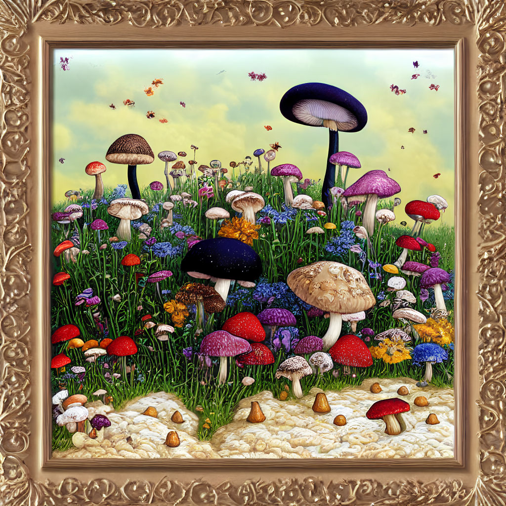 Colorful Mushroom Illustration in Whimsical Garden with Golden Frame