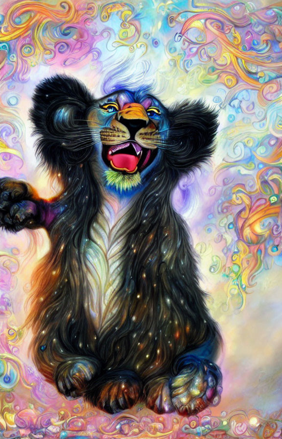 Vibrant surreal lion illustration with expressive face