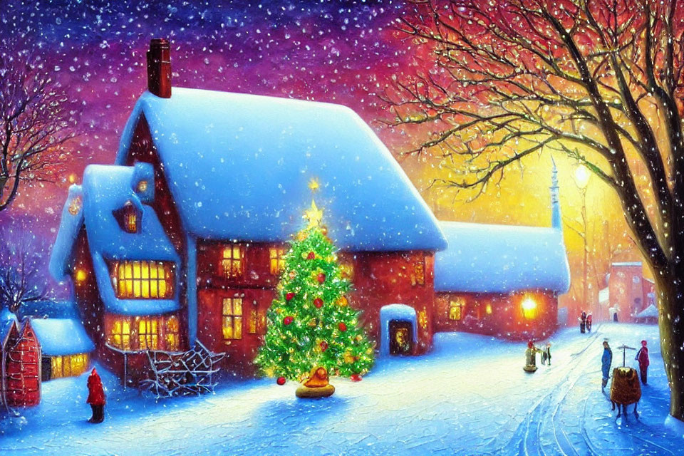 Snow-covered Cottage with Festive Decorations and Christmas Tree in Magical Snowy Evening