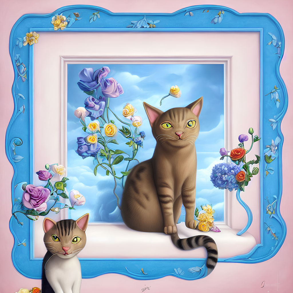 Whimsical painting featuring two cats in a fantasy setting