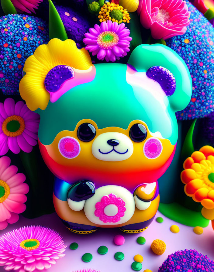 Colorful Stylized Panda Surrounded by Rainbow Flowers and Candies