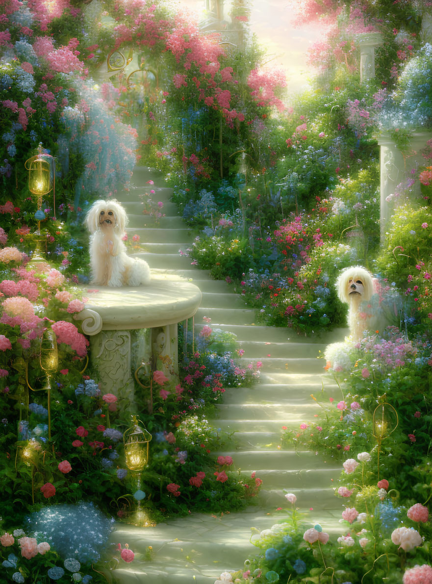 Fluffy White Dogs in Colorful Garden with Lanterns