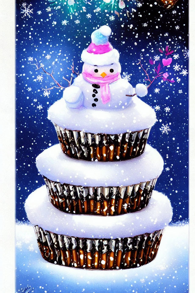 Snowman on Cupcake Christmas Tree under Starry Night Sky