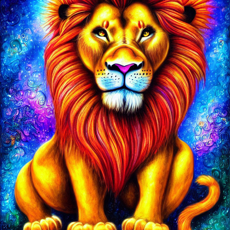 Colorful Illustration of Majestic Lion with Red Mane on Blue Purple Background