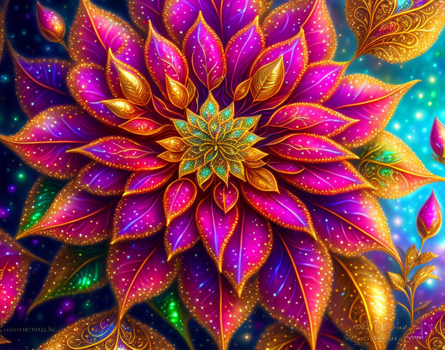 Colorful digital artwork of a layered flower with gold patterns on a cosmic backdrop