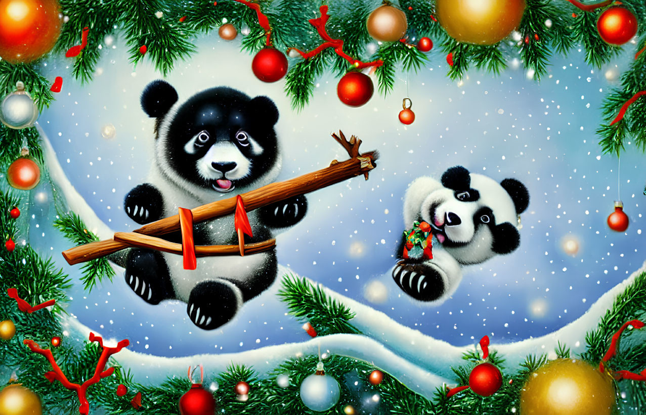 Playful cartoon panda flying reindeer-sleigh in festive winter scene