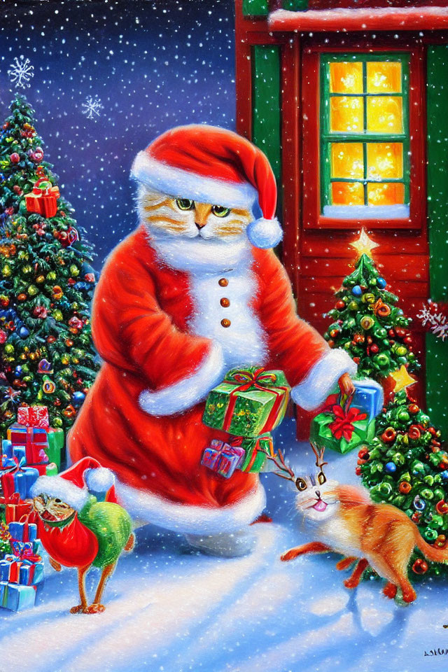 Festive Cat Santa Claus with Gift in Snowy Christmas Scene