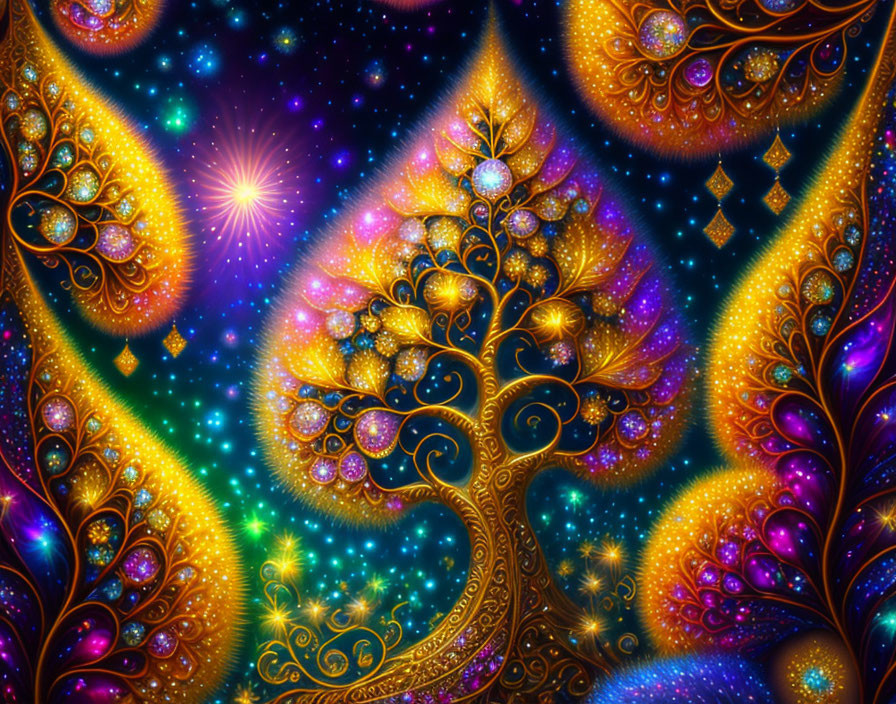 Colorful artwork of whimsical tree with golden leaves on cosmic background