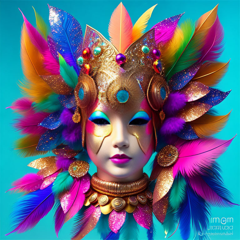 Colorful person with ornate mask and feathers on turquoise background