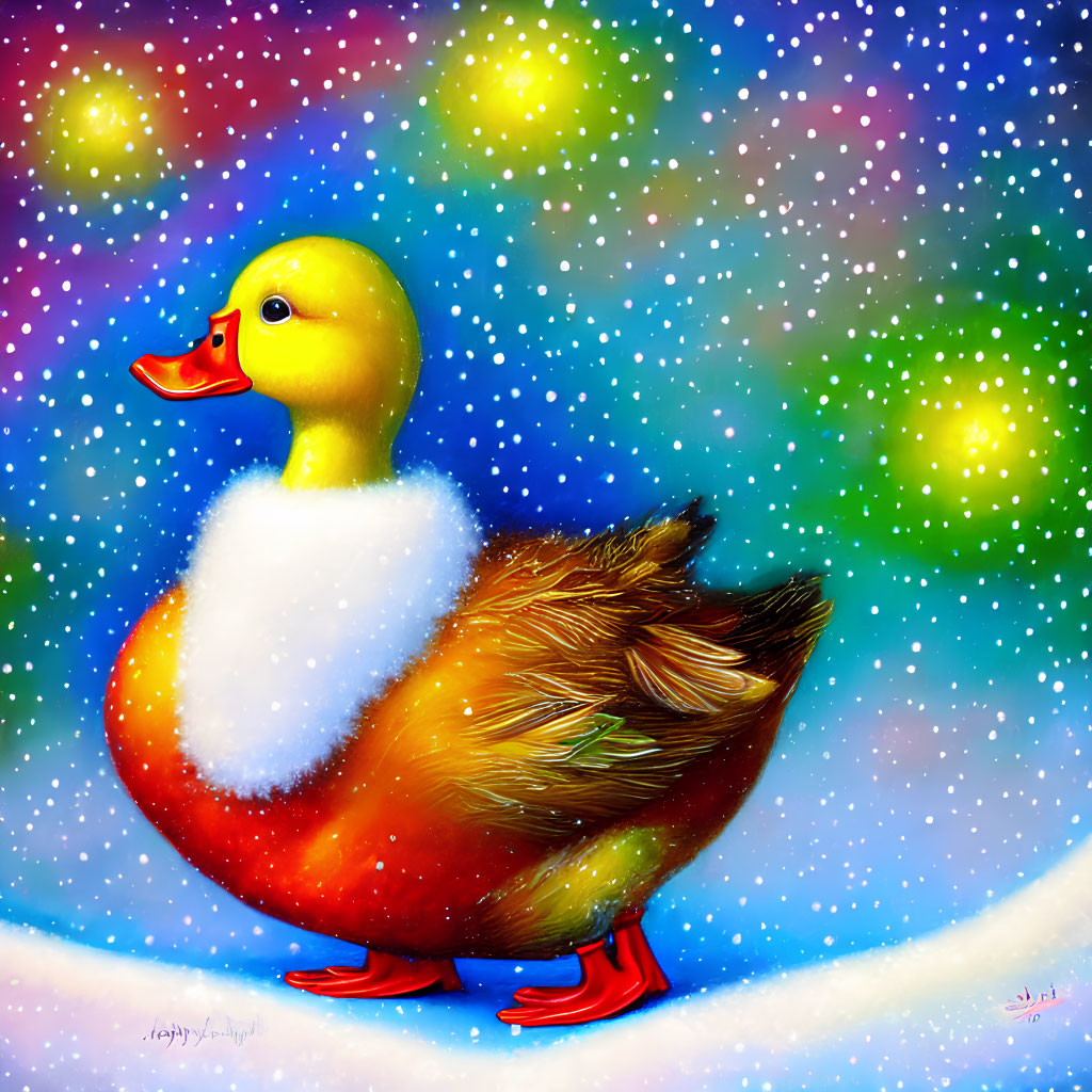 Vibrant Duck Illustration with Scarf and Ice Skates in Snowfall