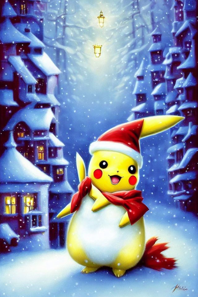 Festive Pikachu in Santa Hat and Scarf in Snowy Village