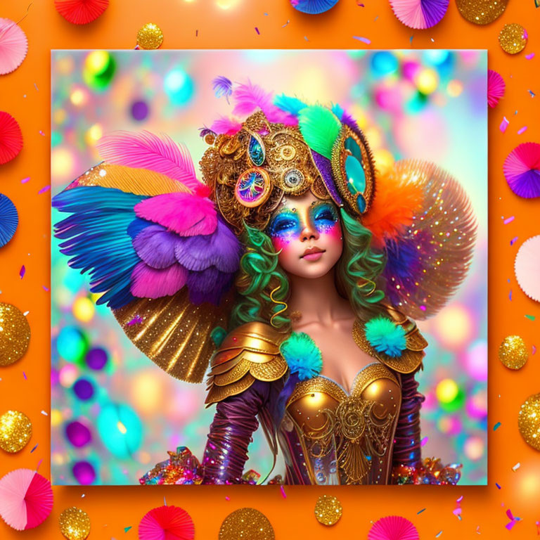 Colorful Carnival Attire with Elaborate Feathered Headdress