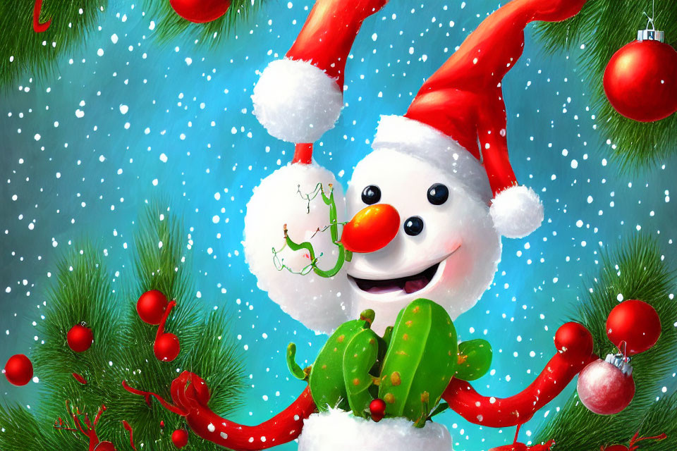 Cheerful snowman with Santa hat and red nose surrounded by Christmas ornaments and falling snowflakes