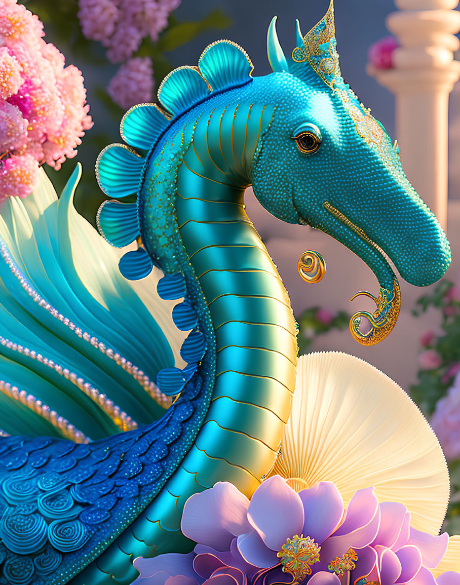 Colorful mythical seahorse surrounded by vibrant flowers and gold accents