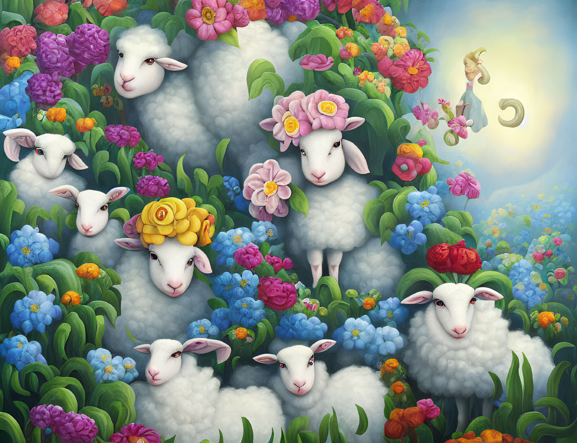 Colorful Sheep Illustration Among Vibrant Flowers and Bushes