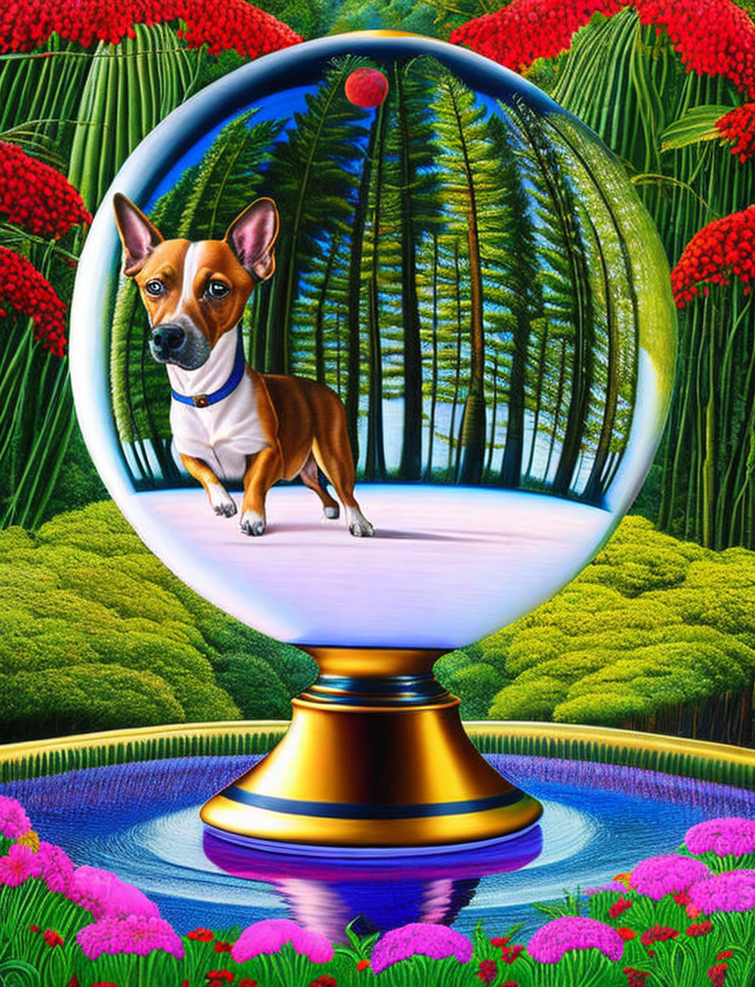 Surreal dog illustration in transparent orb with forest backdrop