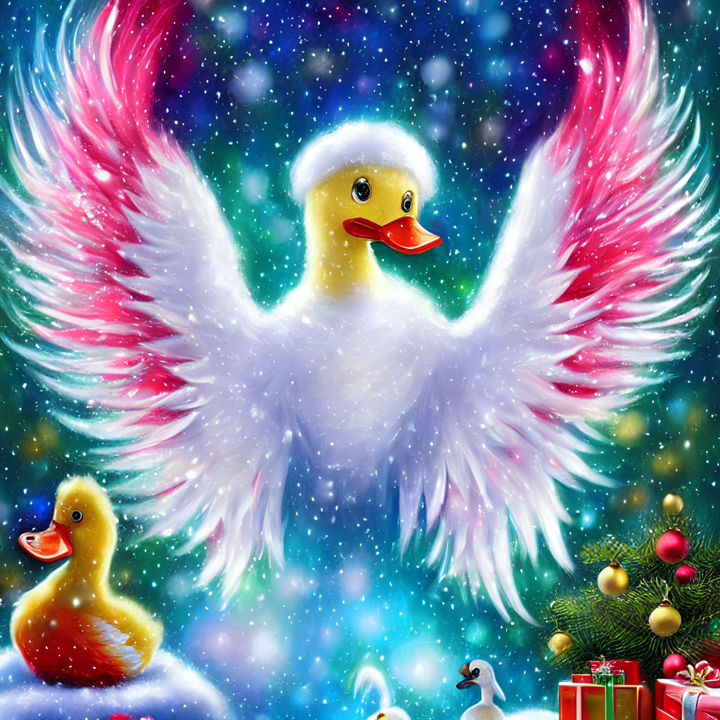 Whimsical rubber ducks with angel wings in cosmic Christmas scene