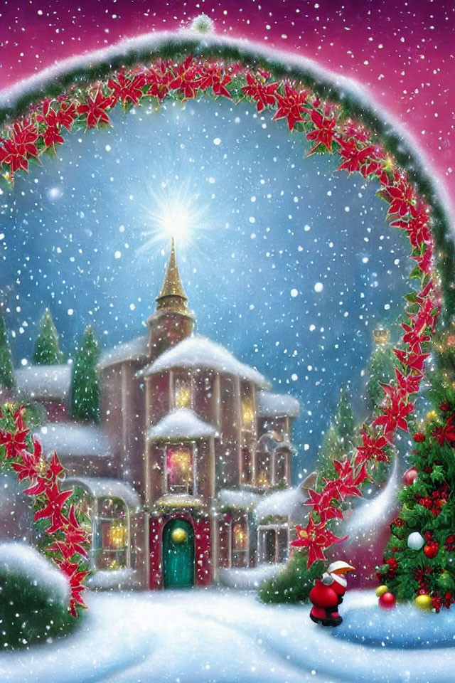 Snowy Christmas card scene with festive house, Santa Claus, wreath