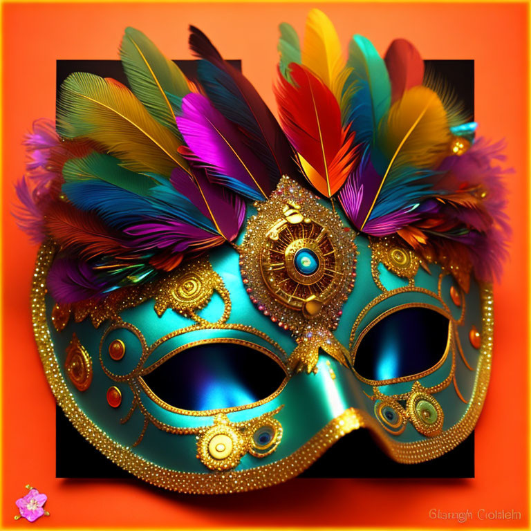 Colorful Carnival Mask with Feathers and Gold Patterns on Orange Background