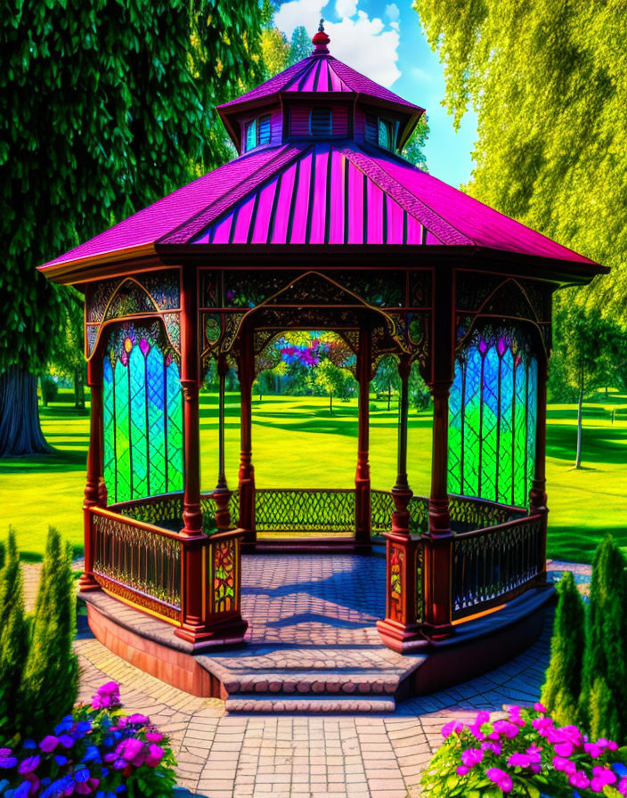 Victorian-style gazebo with red and wood trim, surrounded by lush greenery and colorful flowers