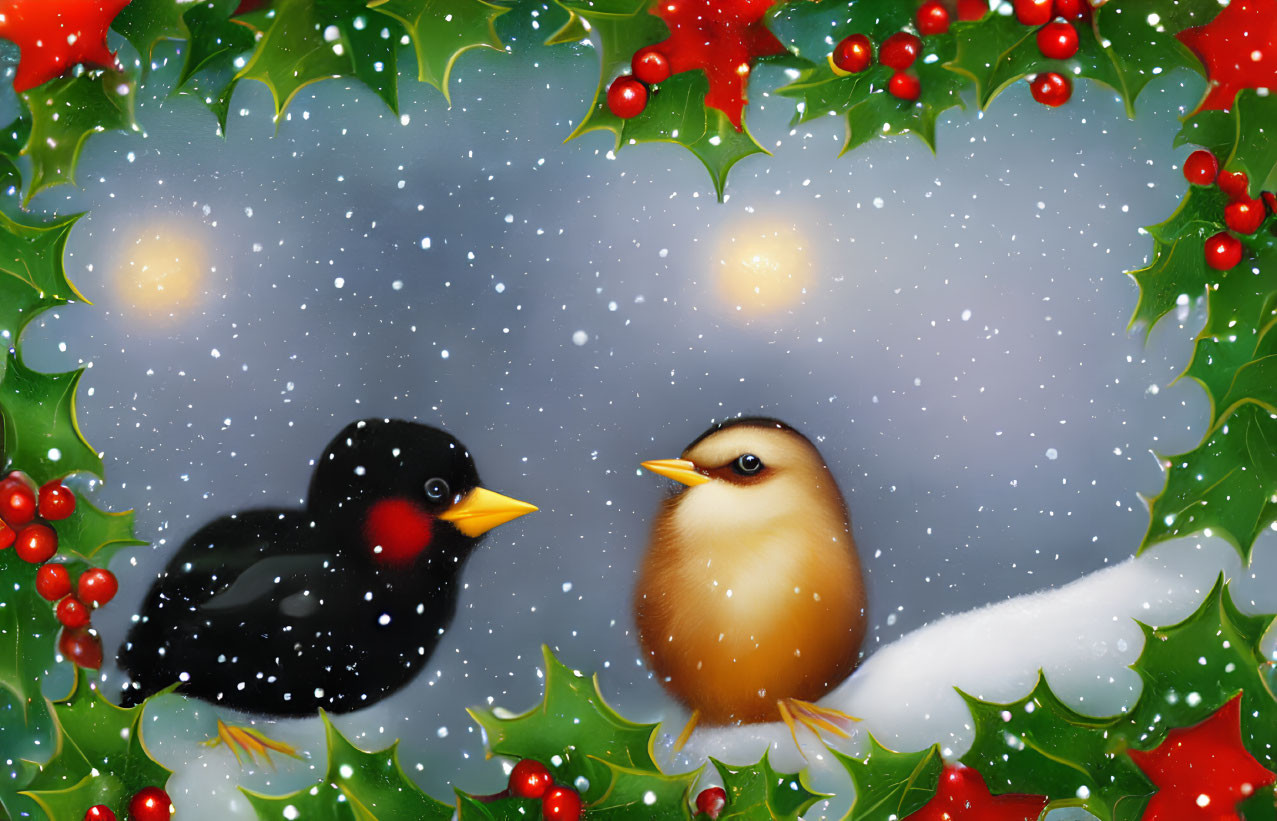 Illustrated birds with holly leaves, berries, snow, and glowing lights