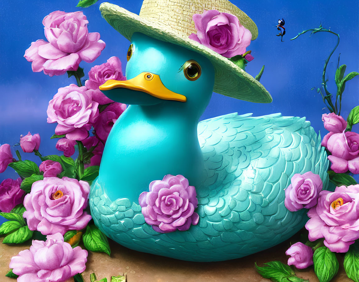 Colorful illustration of a turquoise rubber duck with a straw hat among pink roses and a bee in a