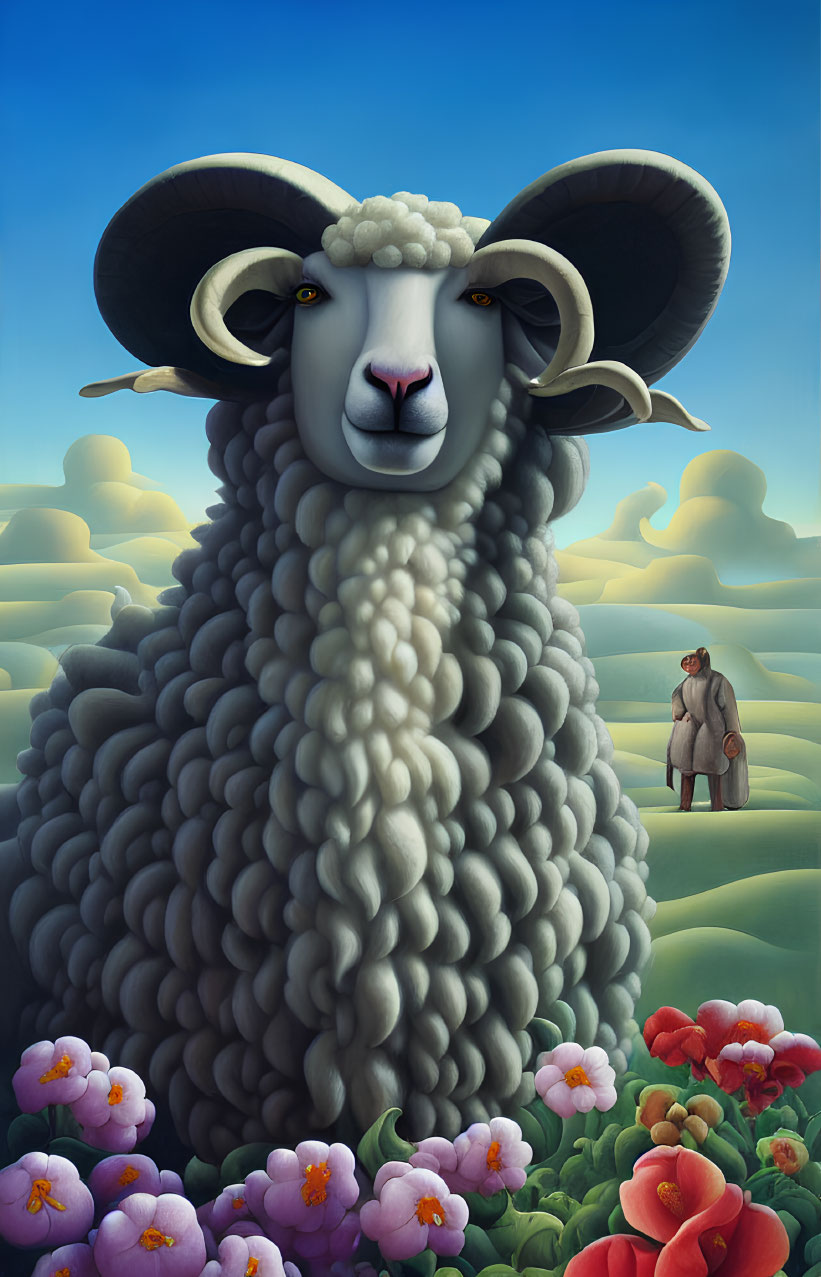 Illustration of towering sheep in vibrant flower field