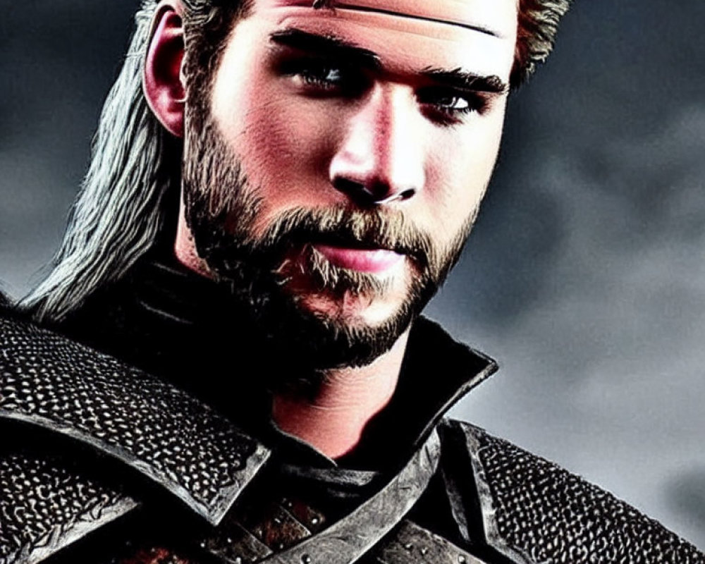 Digital artwork of stern warrior with blonde hair & beard in dark armor