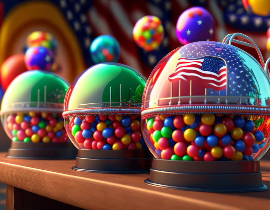 Colorful gumball machines with various patterns, including an American flag, on wooden surface against vibrant