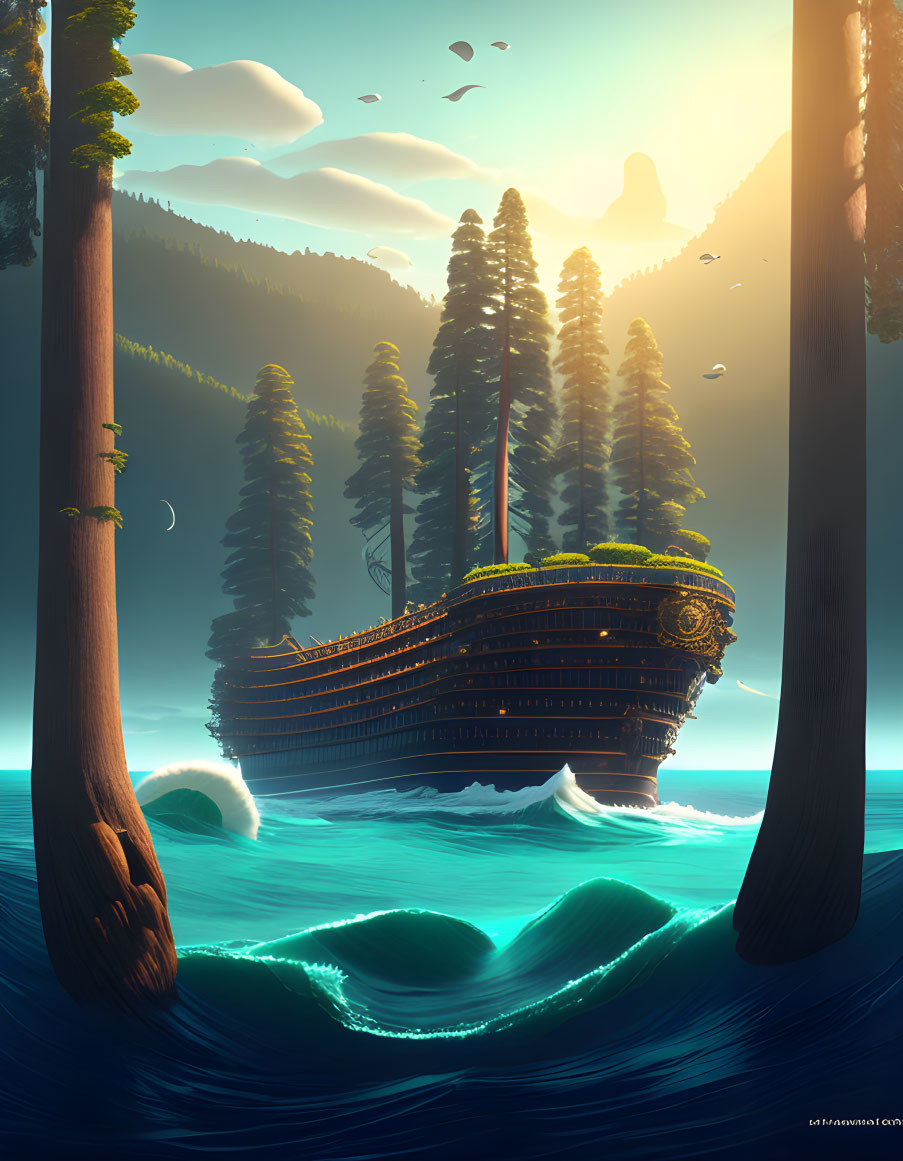 Mystical ship sailing on wavy sea among giant trees and floating islands