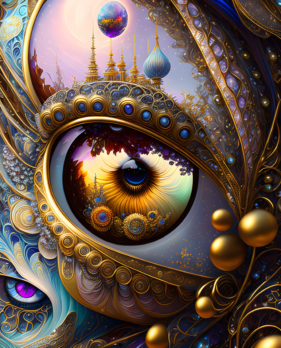 Intricate surreal eye illustration with golden mechanical and architectural elements