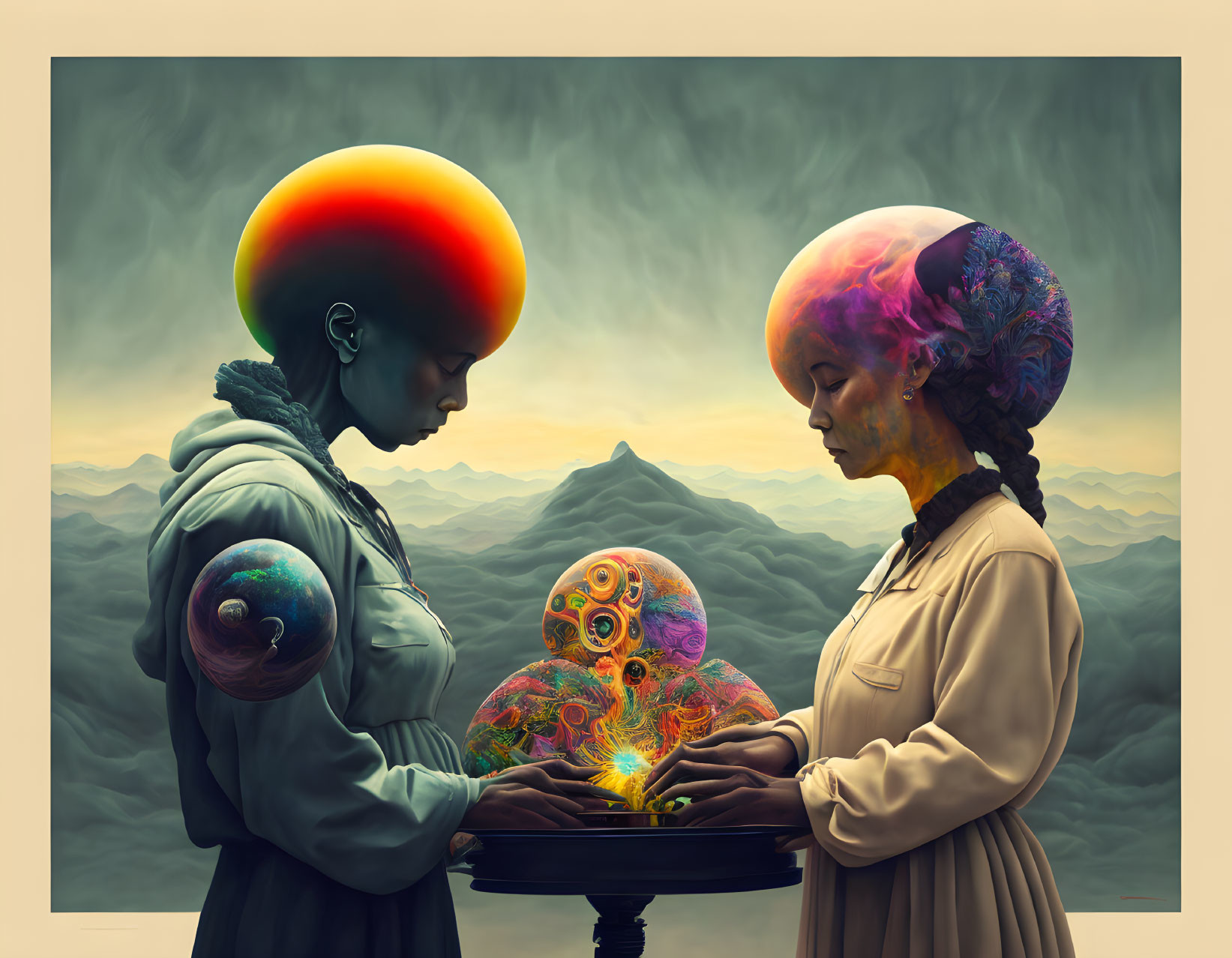 Colorful figures with cosmic-patterned hair touch foreheads above glowing sphere in mountainous setting