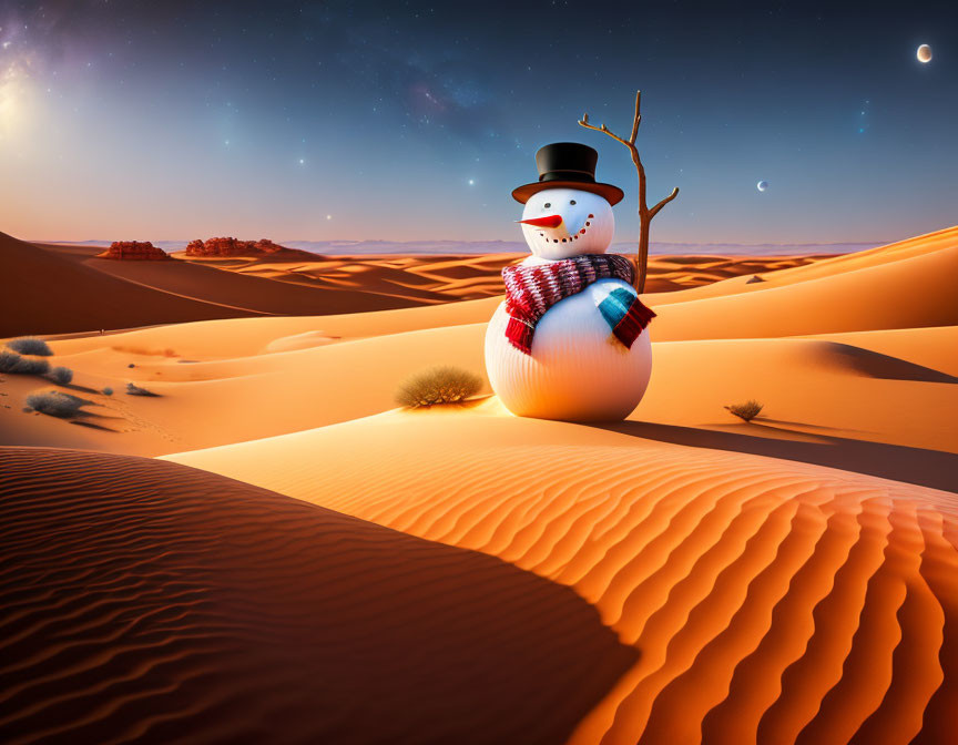 Snowman with scarf and hat in desert night with crescent moon