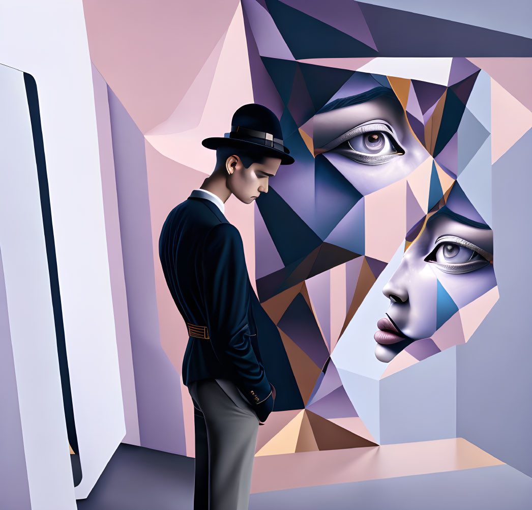 Stylized illustration: Person in suit and hat with fragmented geometric mural of human faces.