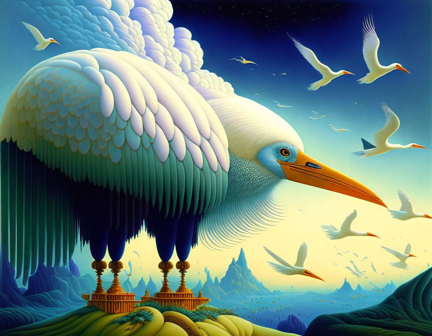 Giant bird illustration with wings forming clouds above temples.