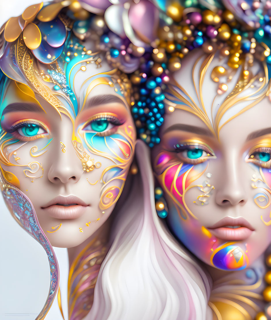 Stylized ethereal female faces with gold adornments on light background