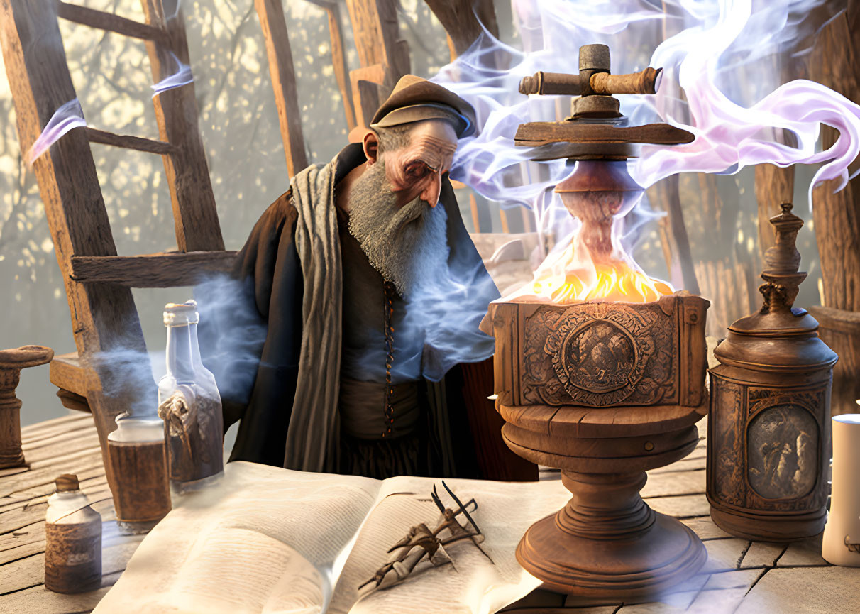 Elderly wizard studying magical flame in mystical forest scene