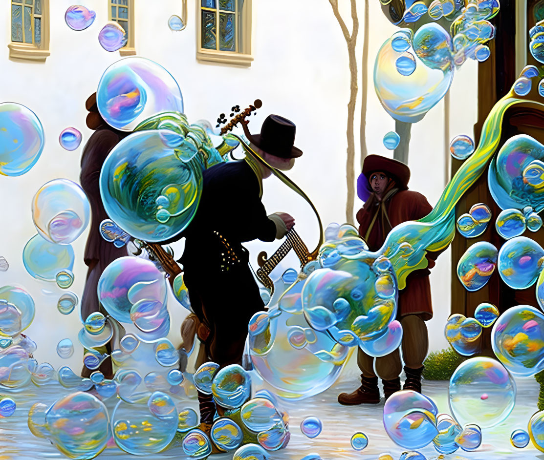 Street performer playing guitar with iridescent soap bubbles in urban scene