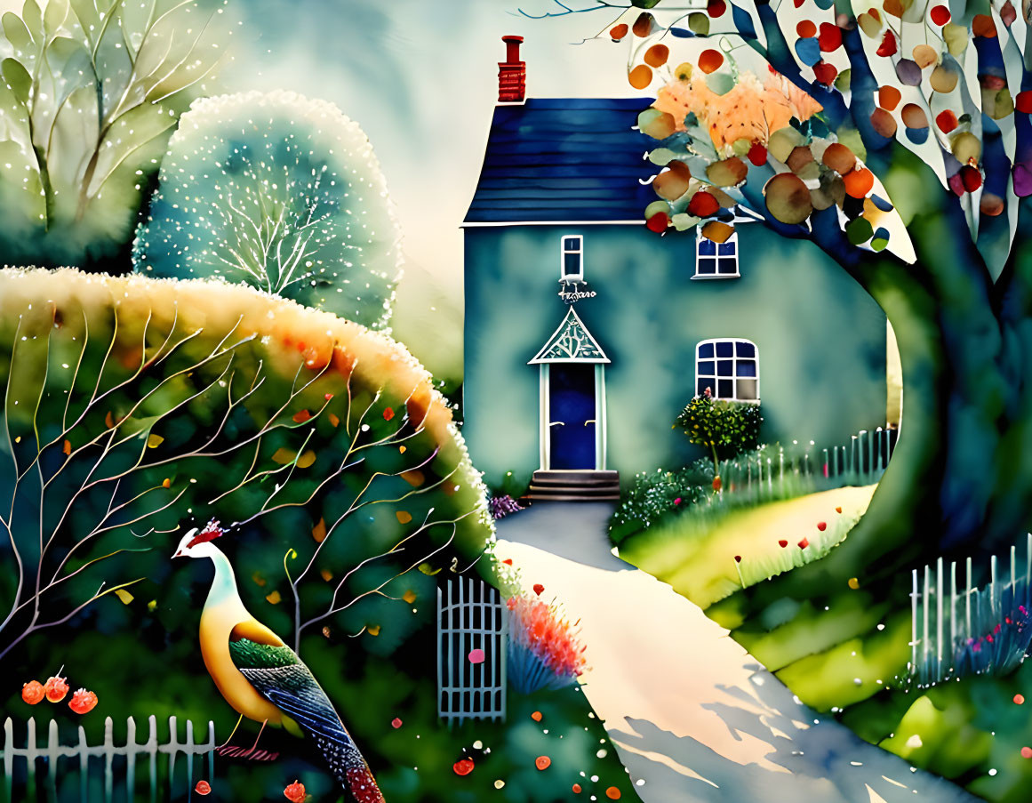 Vibrant illustration of quaint house with chimney, peacock, trees, and winding path