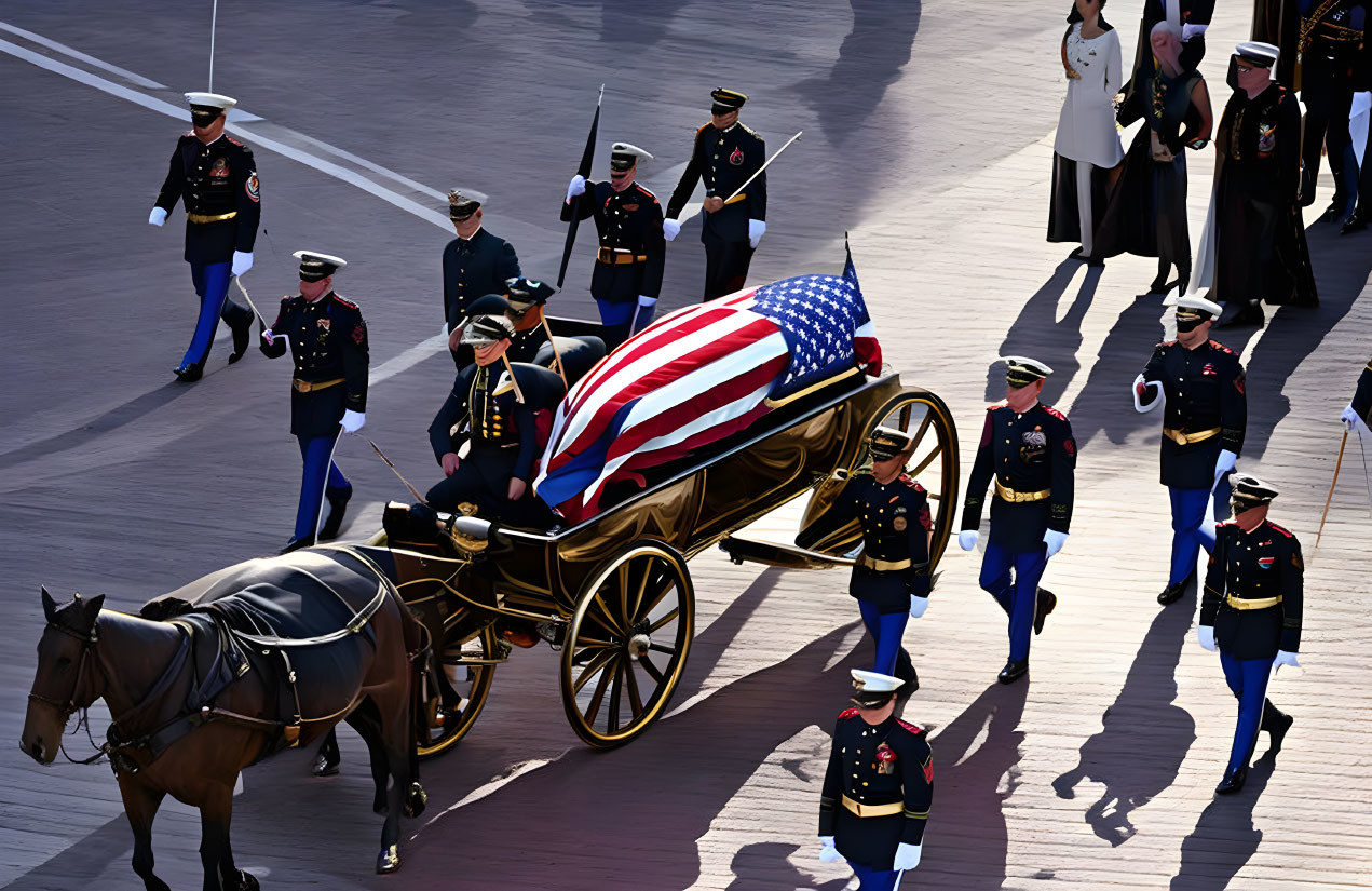 Military procession with horse-drawn caisson and flag-draped casket