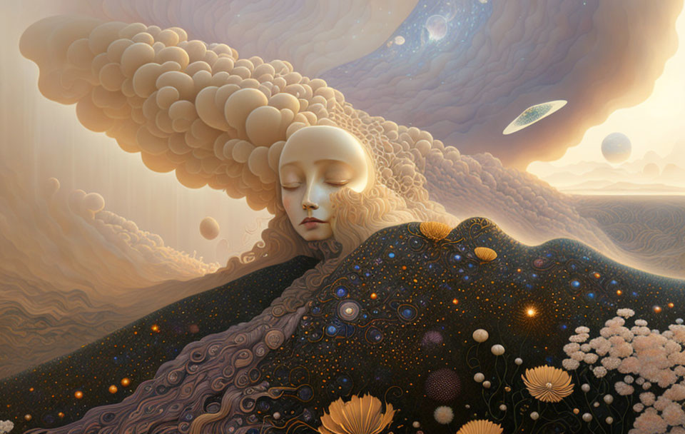 Surreal painting: serene face merges with cosmic landscape