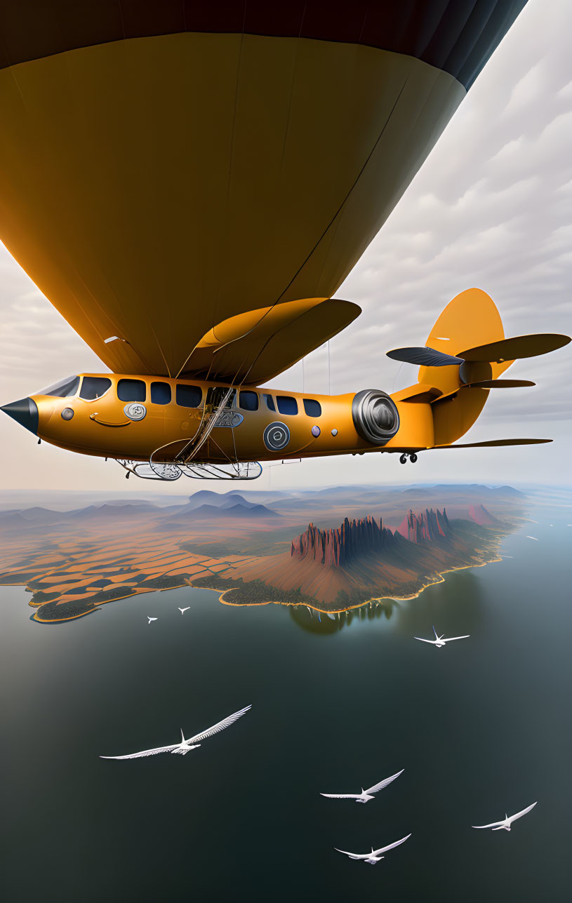 Hybrid Aircraft with Hot Air Balloon and Propeller Features Soaring Over Scenic Landscape