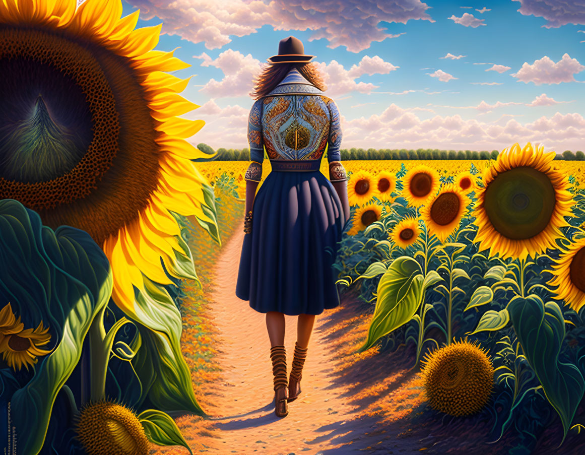 Woman in Blue Dress Walking Among Sunflowers on Path under Blue Sky