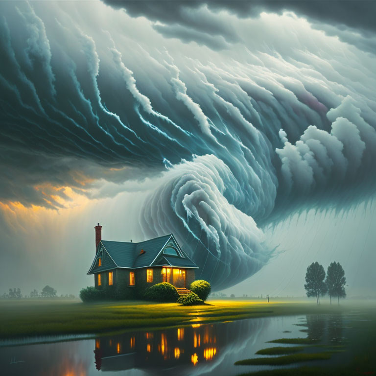 Digital artwork: Storm cloud over serene house by water at dusk or dawn